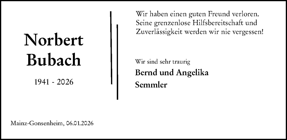  Traueranzeige für Norbert Semmler vom 24.01.2026 aus Allgemeine Zeitung Mainz