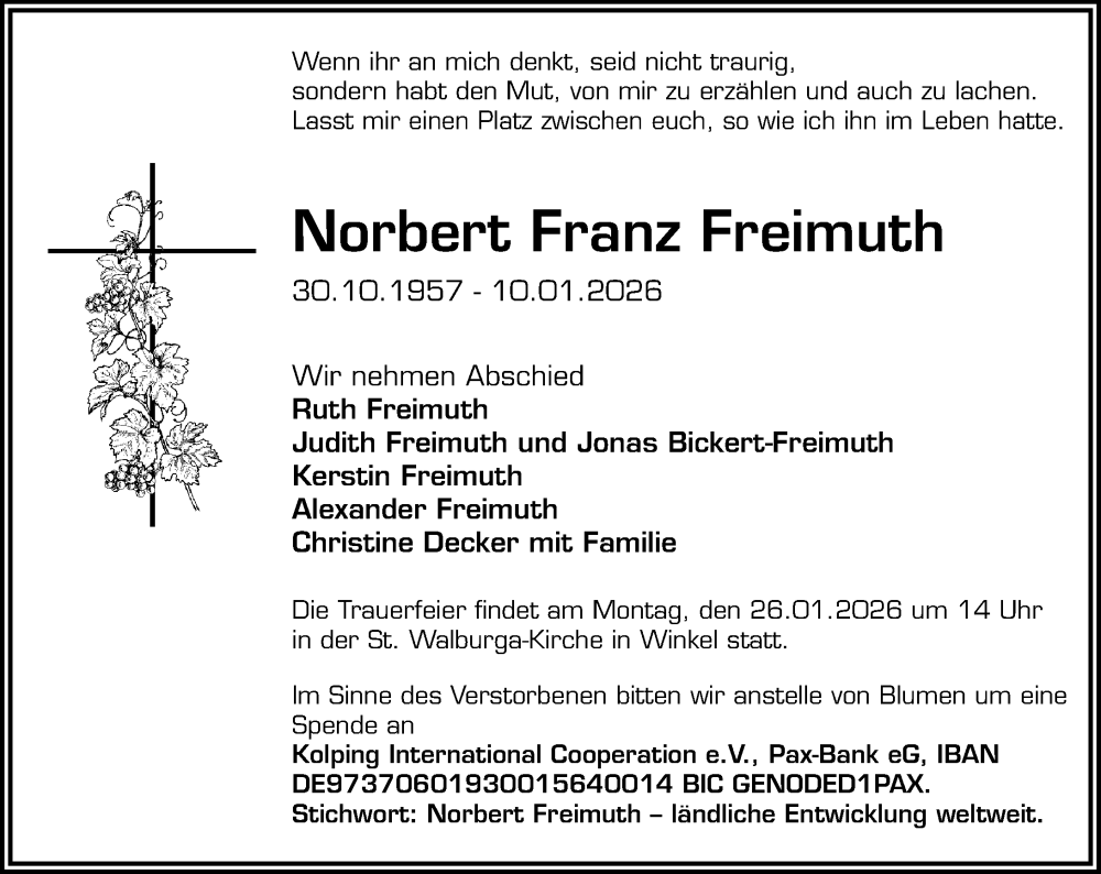  Traueranzeige für Norbert Franz Freimuth vom 24.01.2026 aus Wiesbadener Kurier