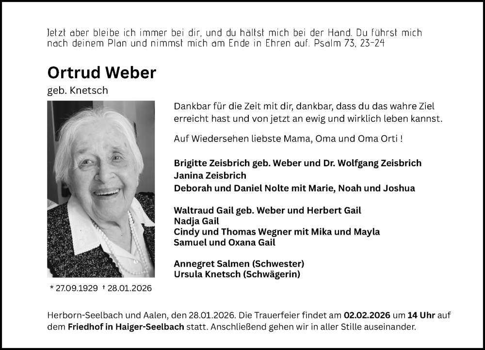  Traueranzeige für Ortrud Weber vom 30.01.2026 aus Dill Block