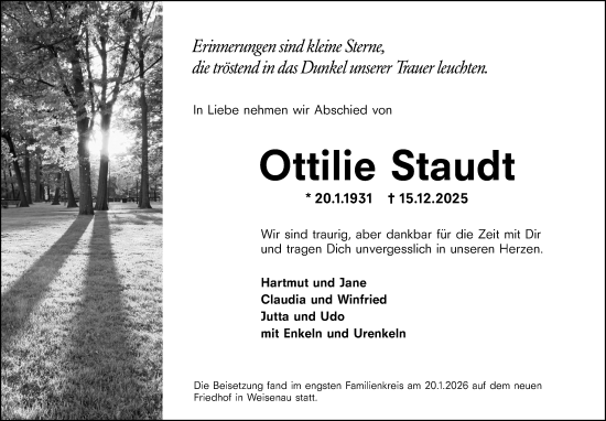 Traueranzeige von Ottilie Staudt von Allgemeine Zeitung Mainz