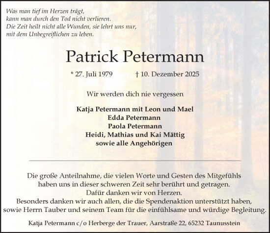 Traueranzeige von Patrick Petermann von Wiesbadener Kurier