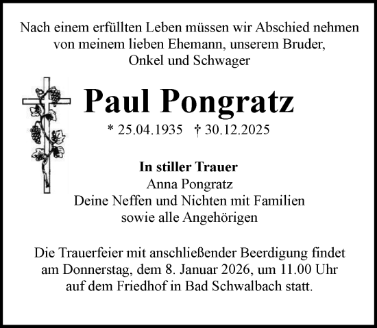 Traueranzeige von Paul Pongratz von Idsteiner Land/Untertaunus