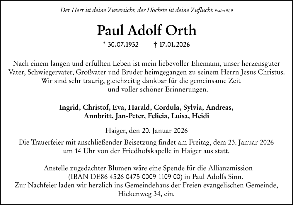  Traueranzeige für Paul Adolf Orth vom 20.01.2026 aus Dill Block