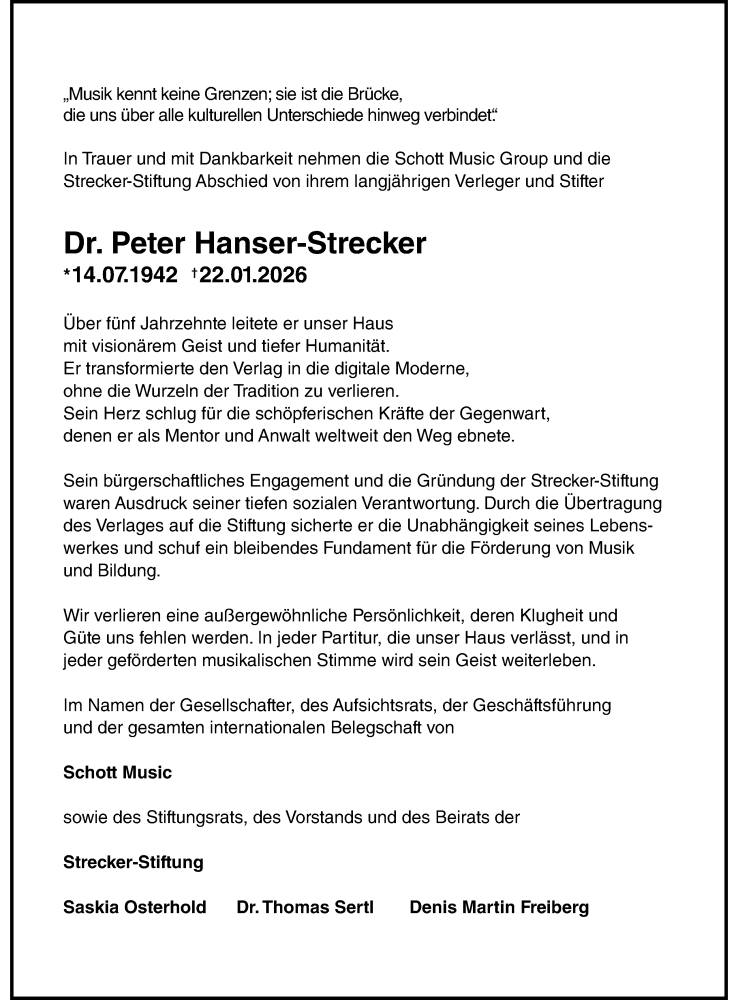  Traueranzeige für Peter Hanser-Strecker vom 31.01.2026 aus Wiesbadener Kurier