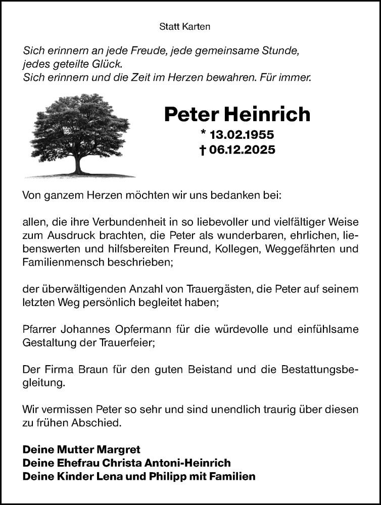  Traueranzeige für Peter Heinrich vom 03.01.2026 aus Dieburger Anzeiger/Groß-Zimmerner Lokal-Anzeiger