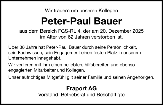 Traueranzeige von Peter-Paul Bauer von Nassauische Neue Presse