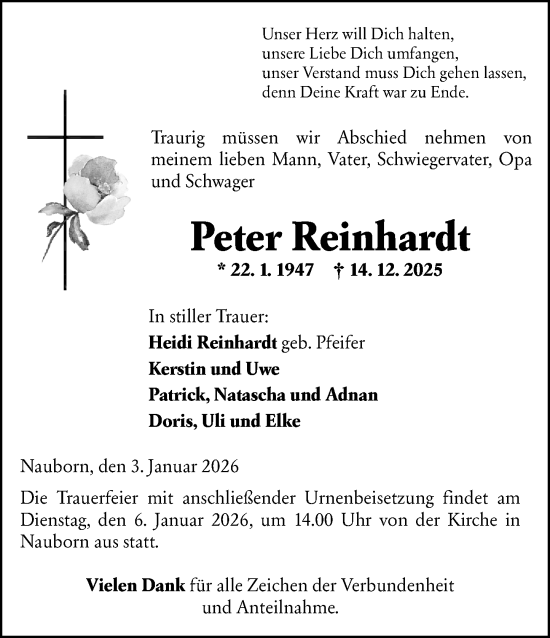 Traueranzeige von Peter Reinhardt von Wetzlarer Neue Zeitung