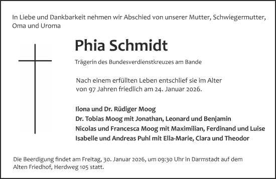 Traueranzeige von Phia Schmidt von Darmstädter Echo