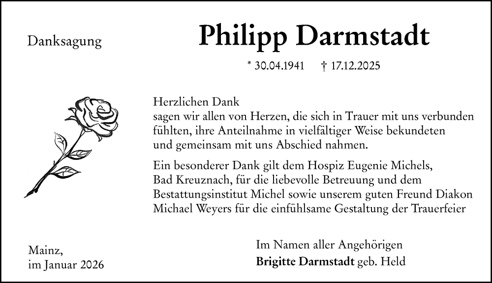  Traueranzeige für Philipp Darmstadt vom 31.01.2026 aus Allgemeine Zeitung Mainz