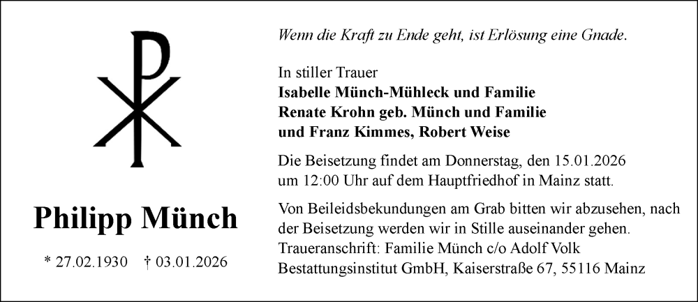  Traueranzeige für Philipp Münch vom 10.01.2026 aus Allgemeine Zeitung Mainz
