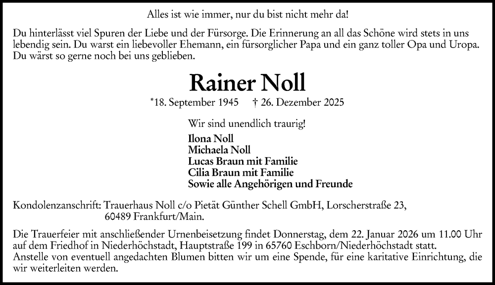  Traueranzeige für Rainer Noll vom 10.01.2026 aus Nassauische Neue Presse