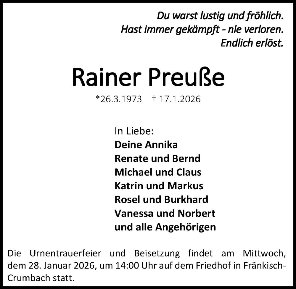  Traueranzeige für Rainer Preuße vom 24.01.2026 aus Darmstädter Echo
