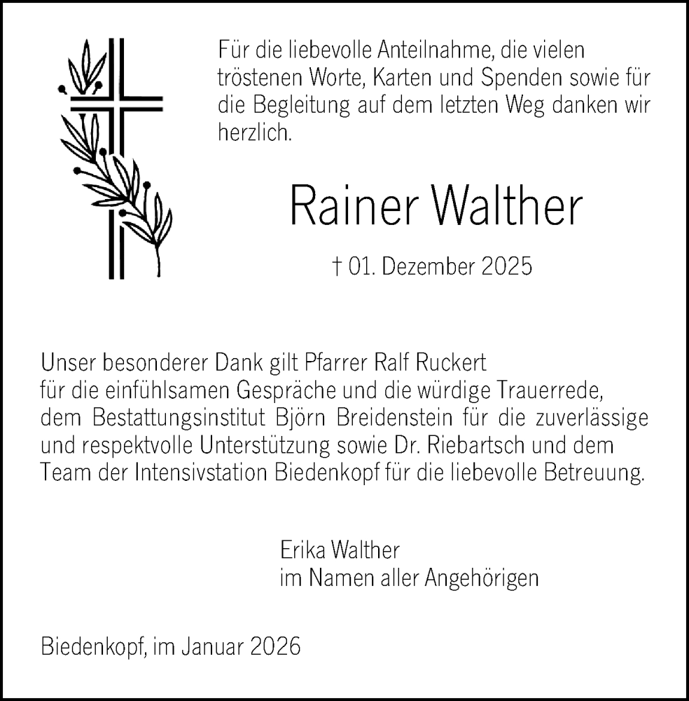  Traueranzeige für Rainer Walther vom 29.01.2026 aus Hinterländer Anzeiger