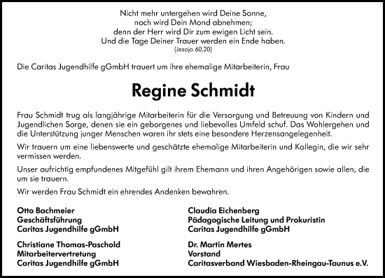 Traueranzeige von Regine Schmidt von Wiesbadener Kurier
