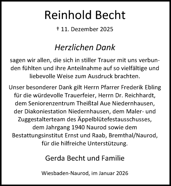 Traueranzeige von Reinhold Becht von Wiesbadener Kurier