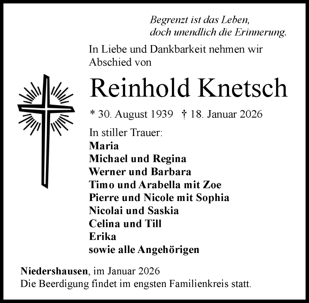  Traueranzeige für Reinhold Knetsch vom 24.01.2026 aus Weilburger Tageblatt