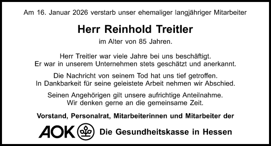 Traueranzeige von Reinhold Treitler von Wiesbadener Kurier