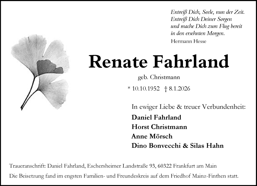  Traueranzeige für Renate Fahrland vom 31.01.2026 aus Allgemeine Zeitung Rheinhessen-Nahe