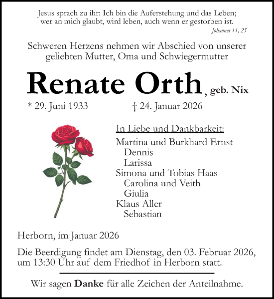 Traueranzeige von Renate Orth von Dill Block