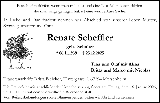 Traueranzeige von Renate Scheffler von Wiesbadener Kurier