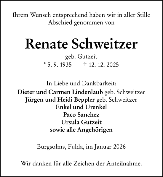 Traueranzeige von Renate Schweitzer von Wetzlarer Neue Zeitung