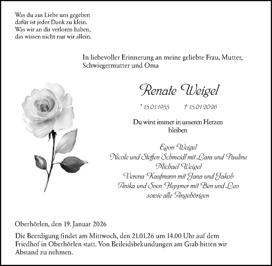 Traueranzeige von Renate Weigel von Hinterländer Anzeiger