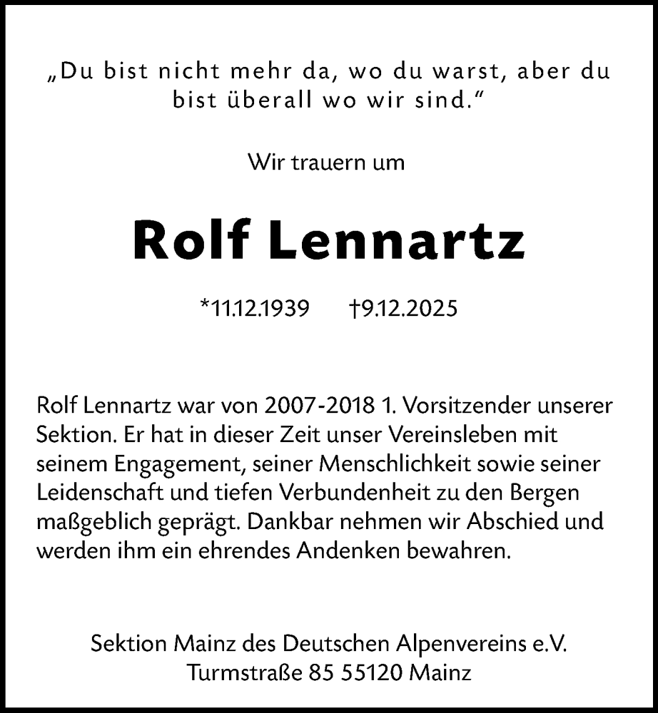  Traueranzeige für Rolf Lennartz vom 10.01.2026 aus Allgemeine Zeitung Mainz