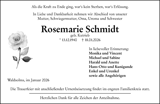 Traueranzeige von Rosemarie Schmidt von Wetzlarer Neue Zeitung