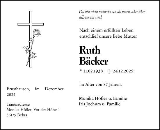 Traueranzeige von Ruth Bäcker von Weilburger Tageblatt