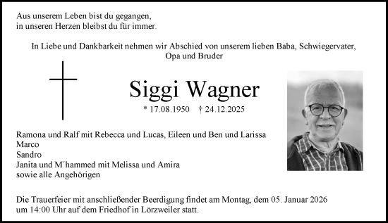 Traueranzeige von Siggi Wagner von Allgemeine Zeitung Mainz