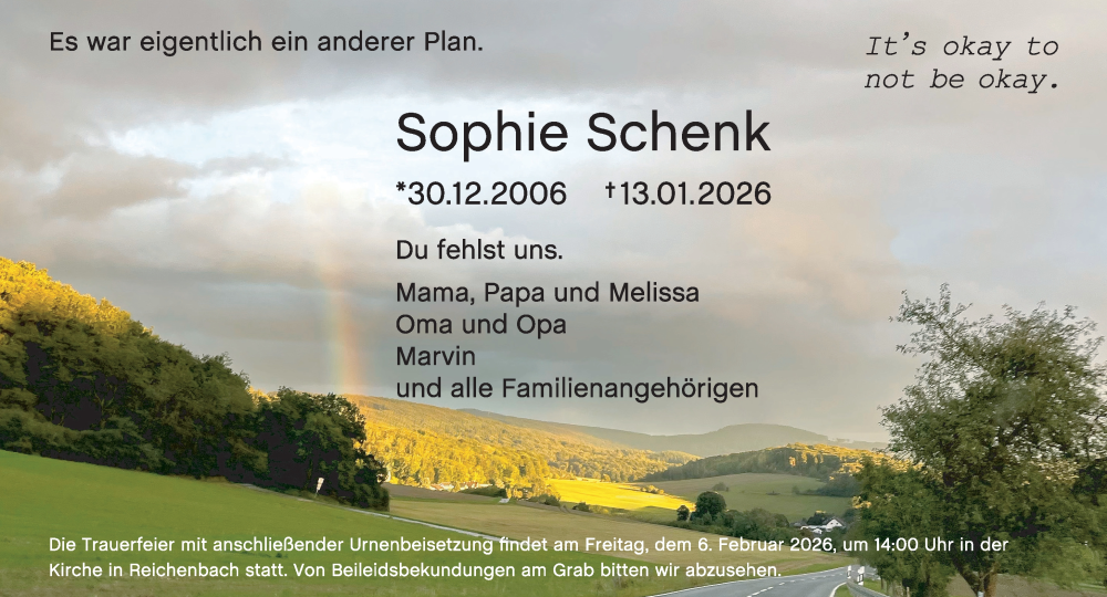  Traueranzeige für Sophie Schenk vom 29.01.2026 aus Camberger Anzeiger
