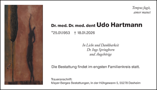 Traueranzeige von Udo Hartmann von Allgemeine Zeitung Mainz