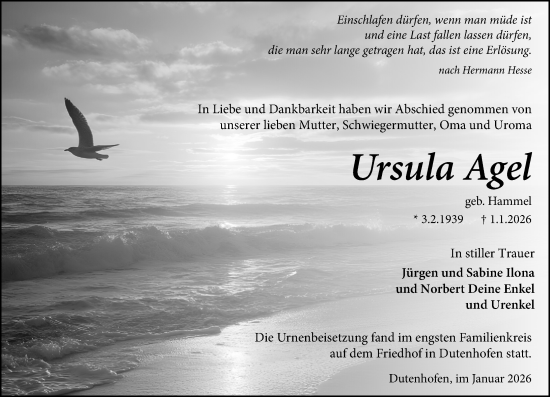 Traueranzeige von Ursula Agel von Wetzlarer Neue Zeitung