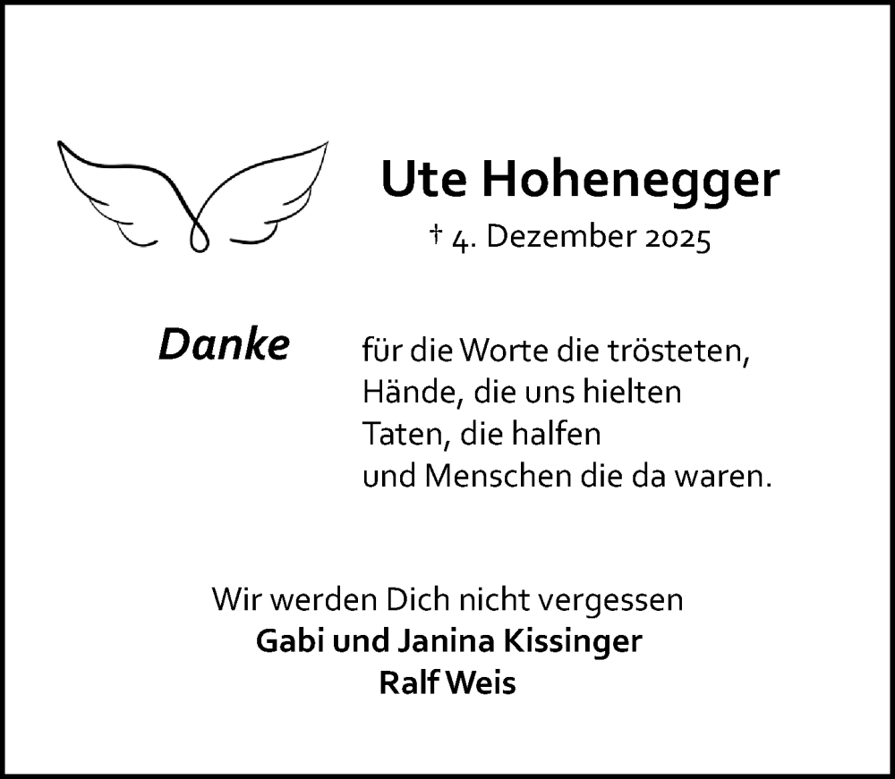  Traueranzeige für Ute Hohenegger vom 10.01.2026 aus Allgemeine Zeitung Mainz