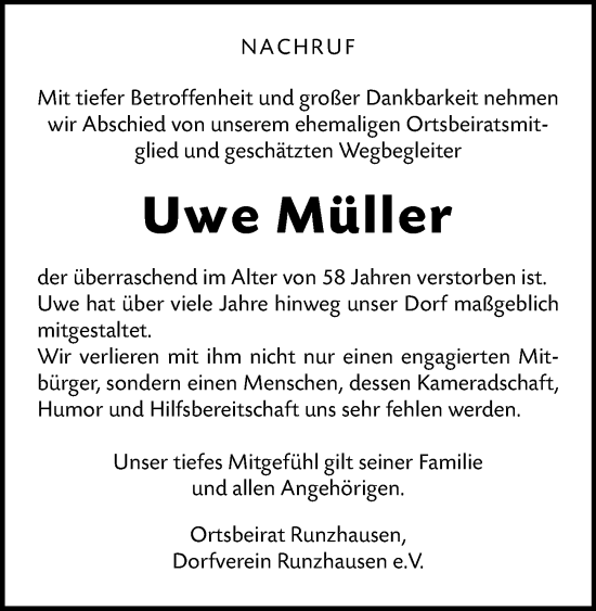 Traueranzeige von Uwe Müller von Hinterländer Anzeiger