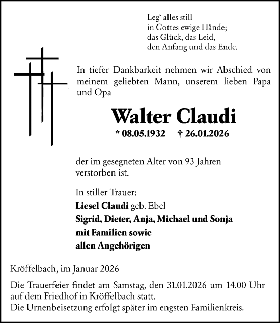 Traueranzeige von Walter Claudi von Wetzlarer Neue Zeitung