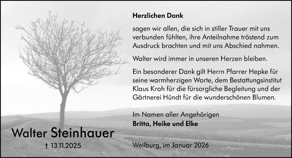 Traueranzeige für Walter Steinhauer vom 24.01.2026 aus Weilburger Tageblatt
