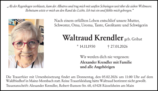 Traueranzeige von Waltraud Krendler von Allgemeine Zeitung Mainz