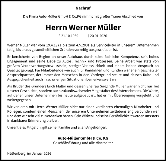 Traueranzeige von Werner Müller von Wetzlarer Neue Zeitung