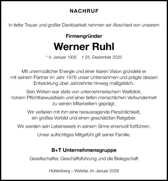 Traueranzeige von Werner Ruhl von Wetzlarer Neue Zeitung