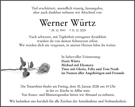 Traueranzeige von Werner Würtz von Wetzlarer Neue Zeitung