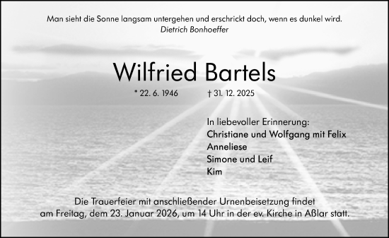 Traueranzeige von Wilfried Bartels von Wetzlarer Neue Zeitung