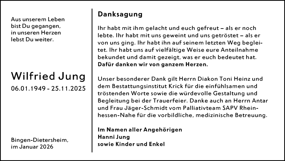  Traueranzeige für Wilfried Jung vom 24.01.2026 aus Allgemeine Zeitung Rheinhessen-Nahe