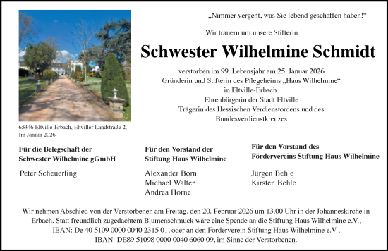 Traueranzeige von Wilhelmine Schmidt von Wiesbadener Kurier