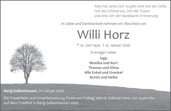 Traueranzeige von Willi Horz von Weilburger Tageblatt