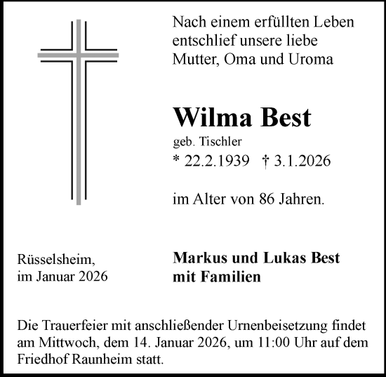 Traueranzeige von Wilma Best von Rüsselsheimer Echo