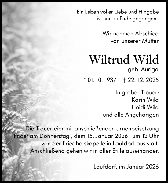 Traueranzeige von Wiltrud Wild von Wetzlarer Neue Zeitung