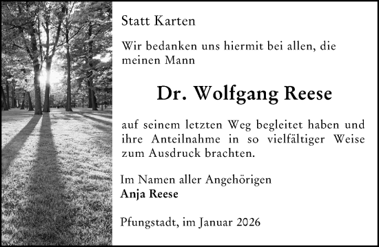 Traueranzeige von Wolfgang Reese von Darmstädter Echo