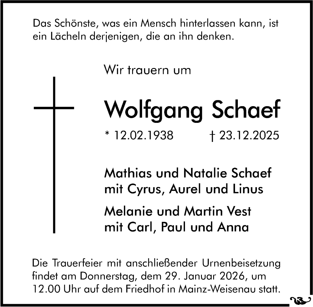  Traueranzeige für Wolfgang Schaef vom 24.01.2026 aus Rüsselsheimer Echo