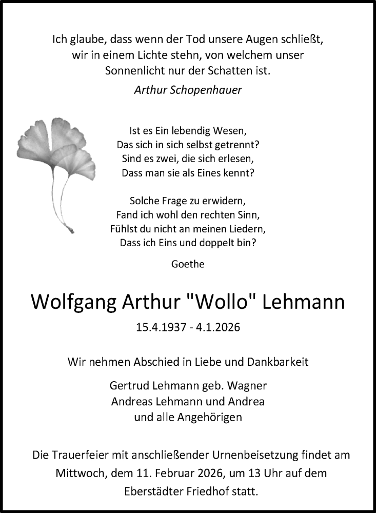  Traueranzeige für Wolfgang Arthur Lehmann vom 31.01.2026 aus Darmstädter Echo